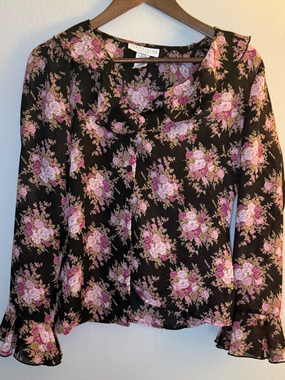 Charming Floral Ruffle Blouse in Black and Pink - Liz Claiborne